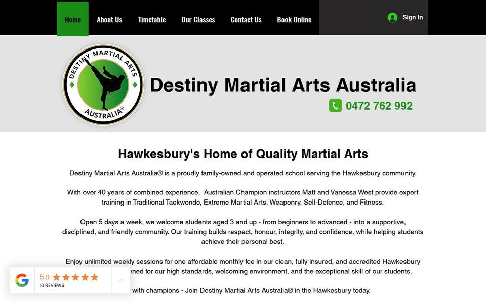 Destiny Martial Arts Australia website