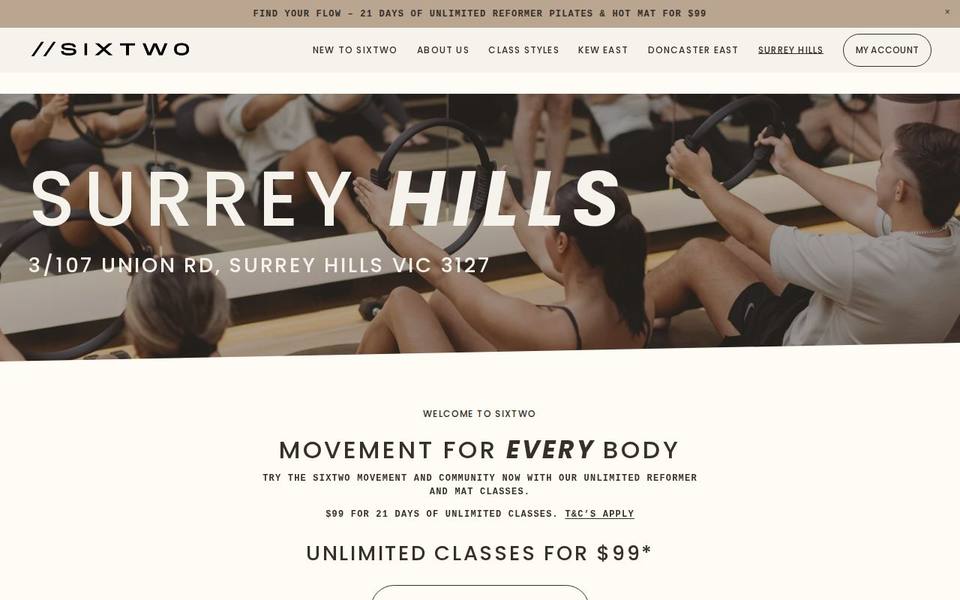 Sixtwo Pilates and Yoga Surrey Hills website
