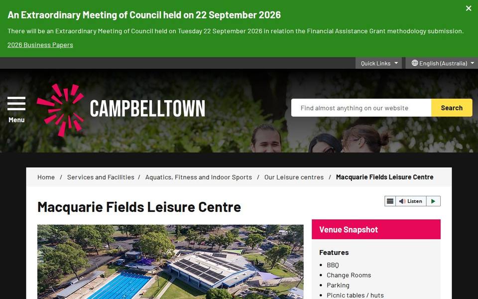 Macquarie Fields Leisure Centre website