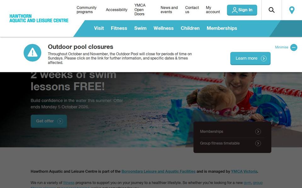 Hawthorn Aquatic and Leisure Centre website