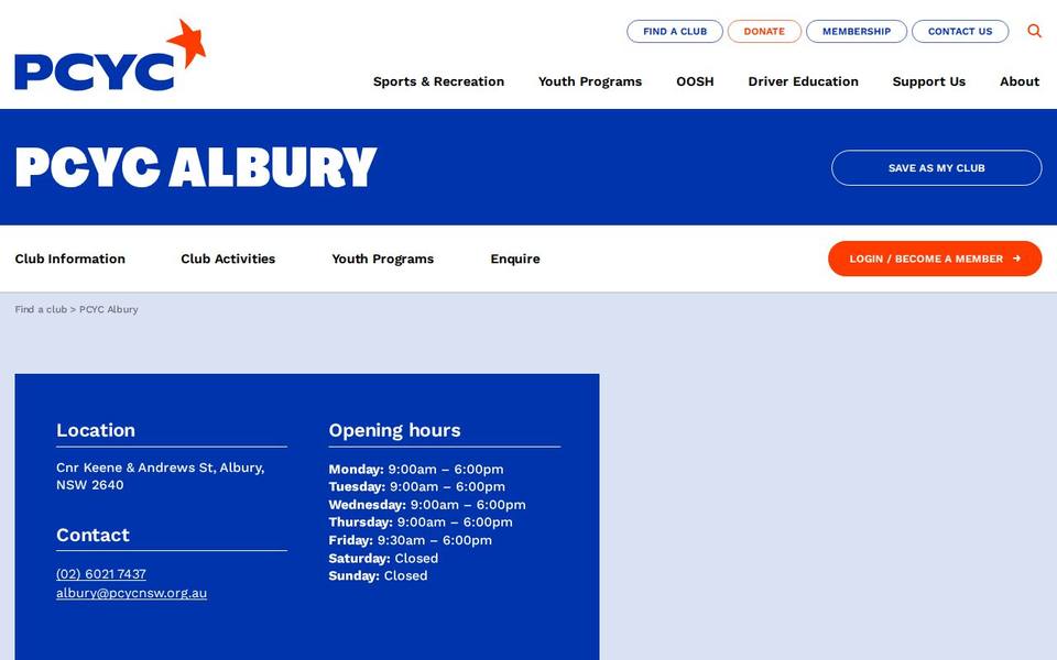 PCYC Albury website