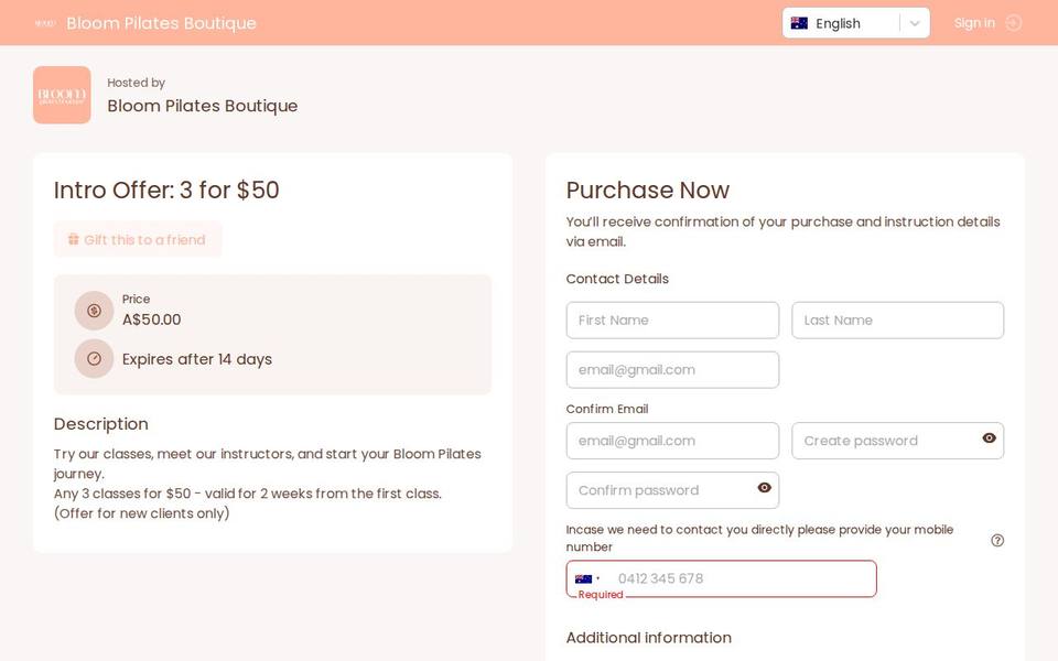 Bloom Pilates Boutique website