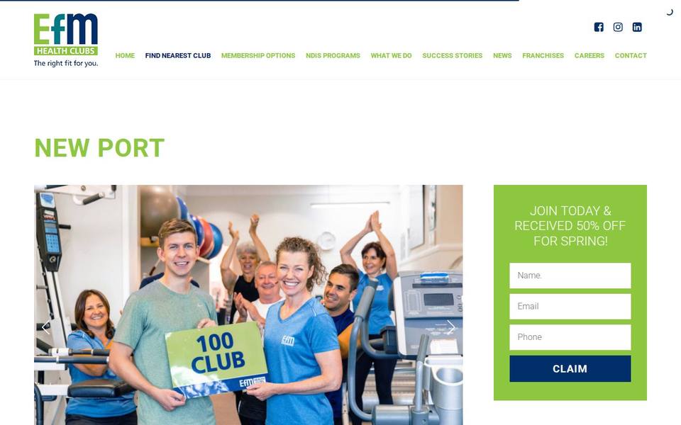 EFM Health Clubs New Port website