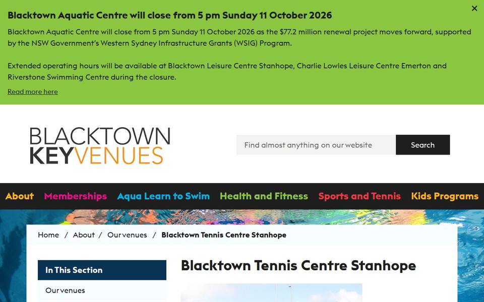 Blacktown Leisure Centre Stanhope website