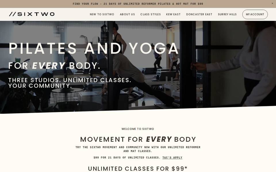 Sixtwo Pilates and Yoga website