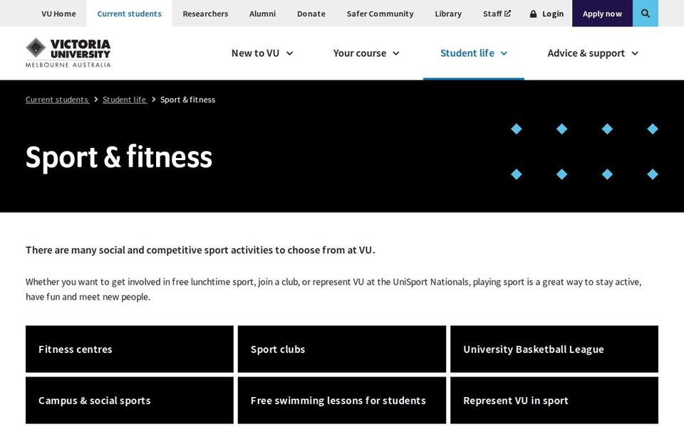 VU Health and Fitness Centre website