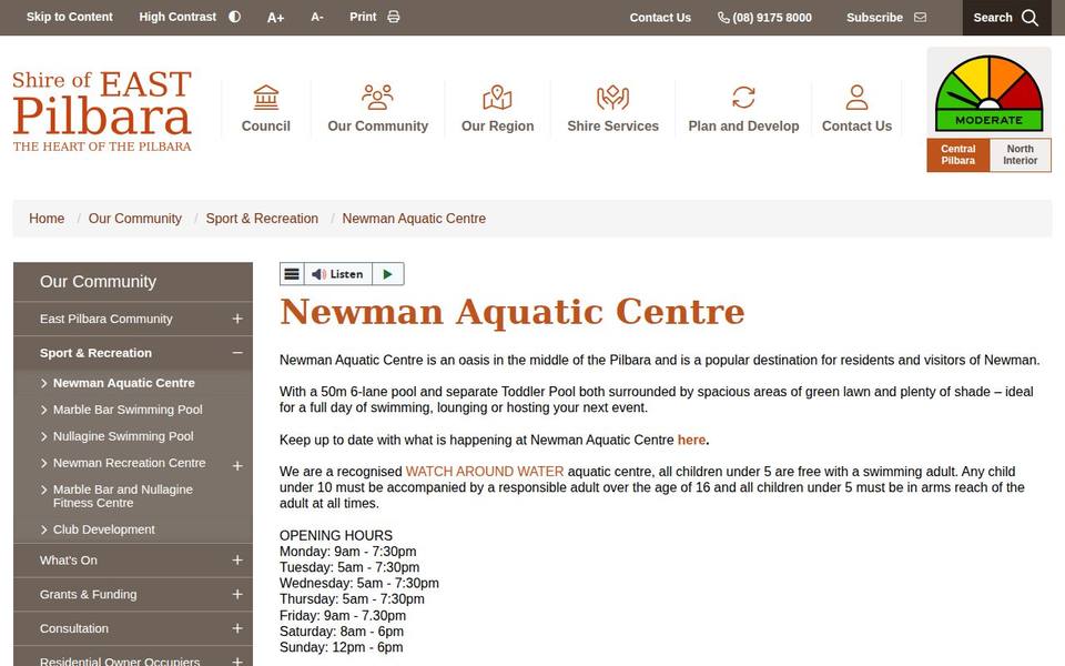 Newman Aquatic Centre website