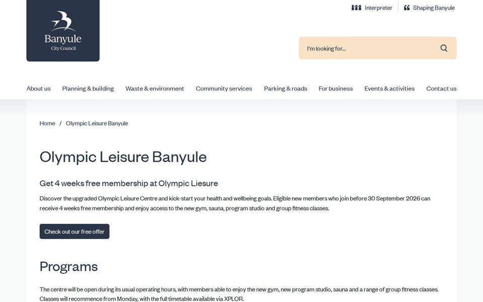 Olympic Leisure Banyule website