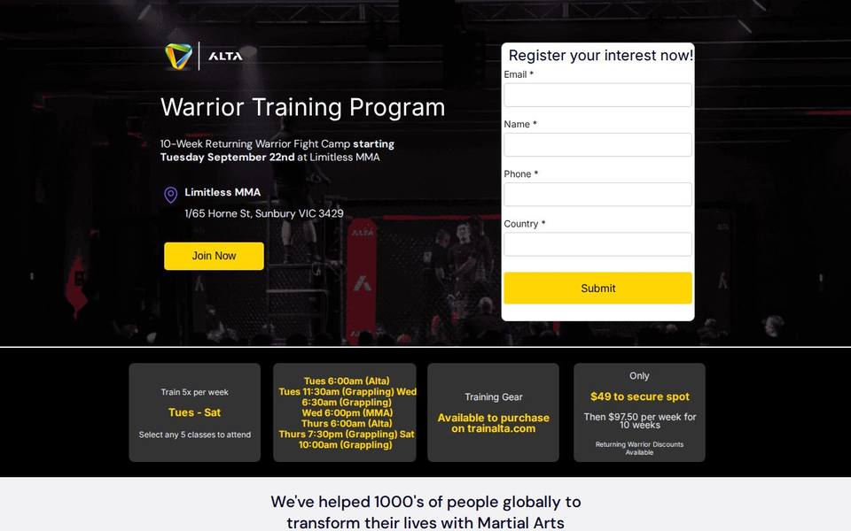 Limitless Mixed Martial Arts and Fitness website