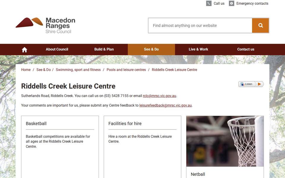 Riddells Creek Leisure Centre website
