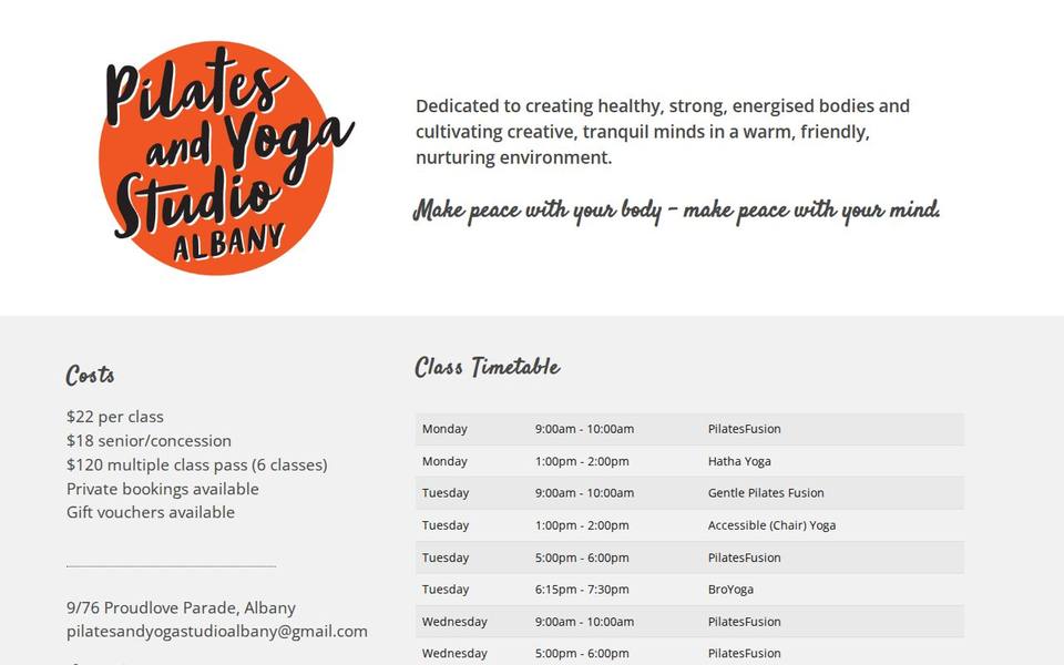 Pilates and Yoga Studio Albany website