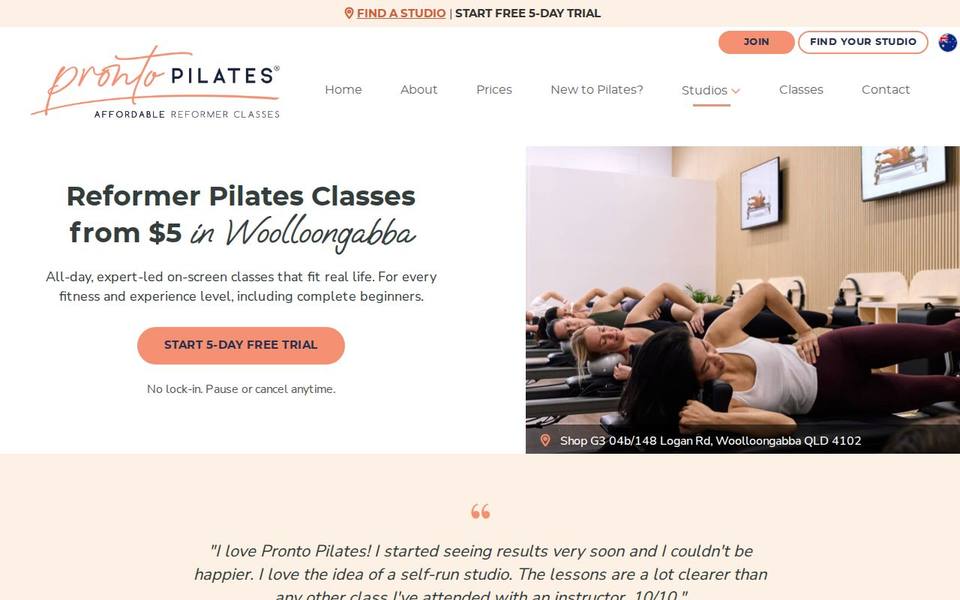 Pronto Pilates Woolloongabba website