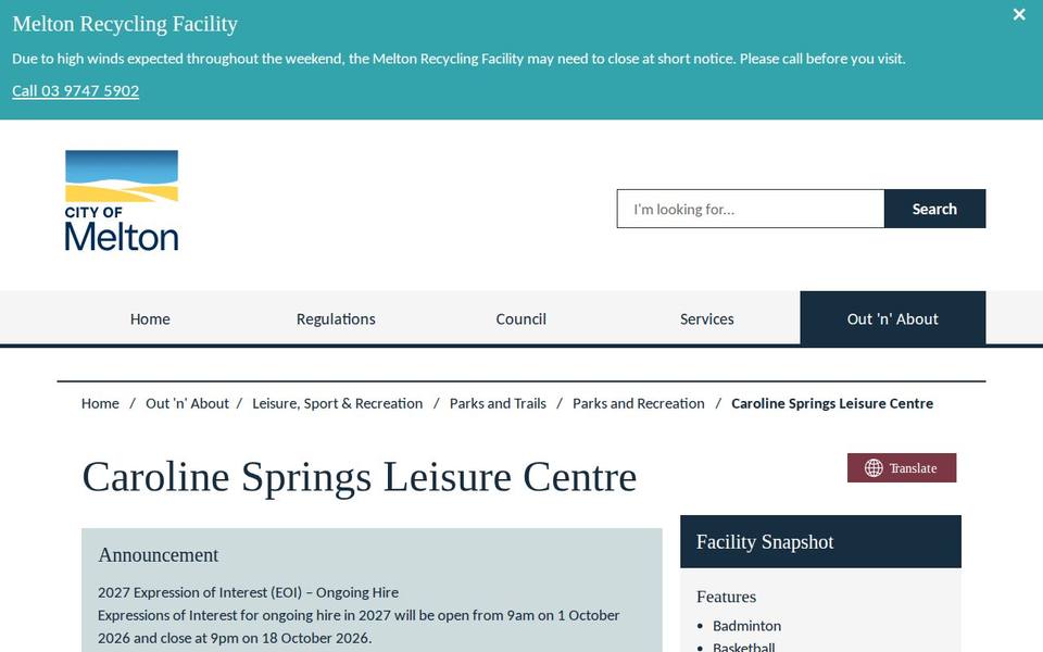 Caroline Springs Leisure Centre website